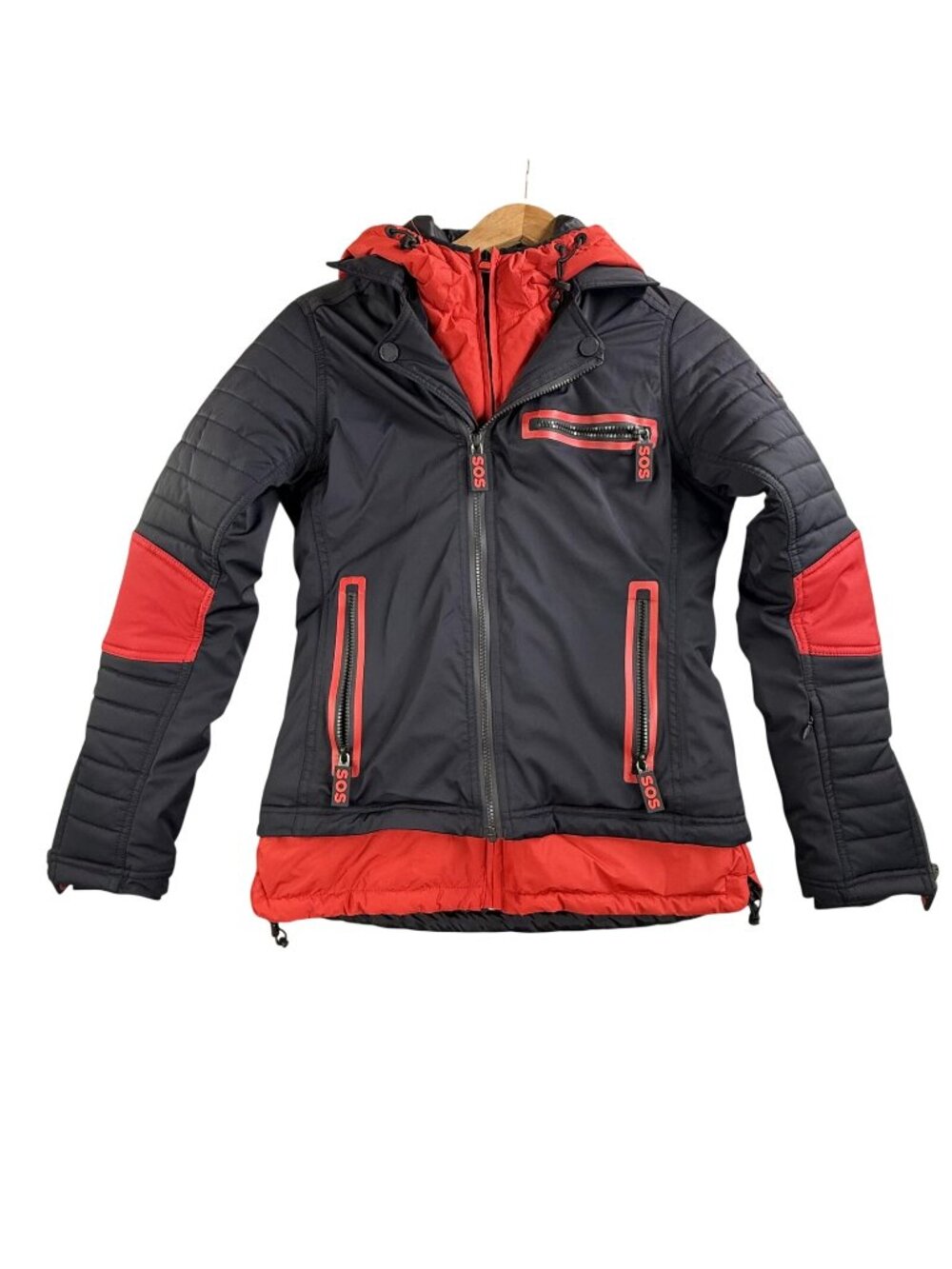 SOS Black Snow Jacket Mens 36 Black Red Hooded Softshell Insulated Ski Primaloft